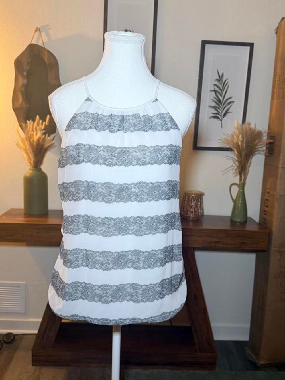 Express Lace Halter Top White Black Striped Sheer Fitted Going Out Medium